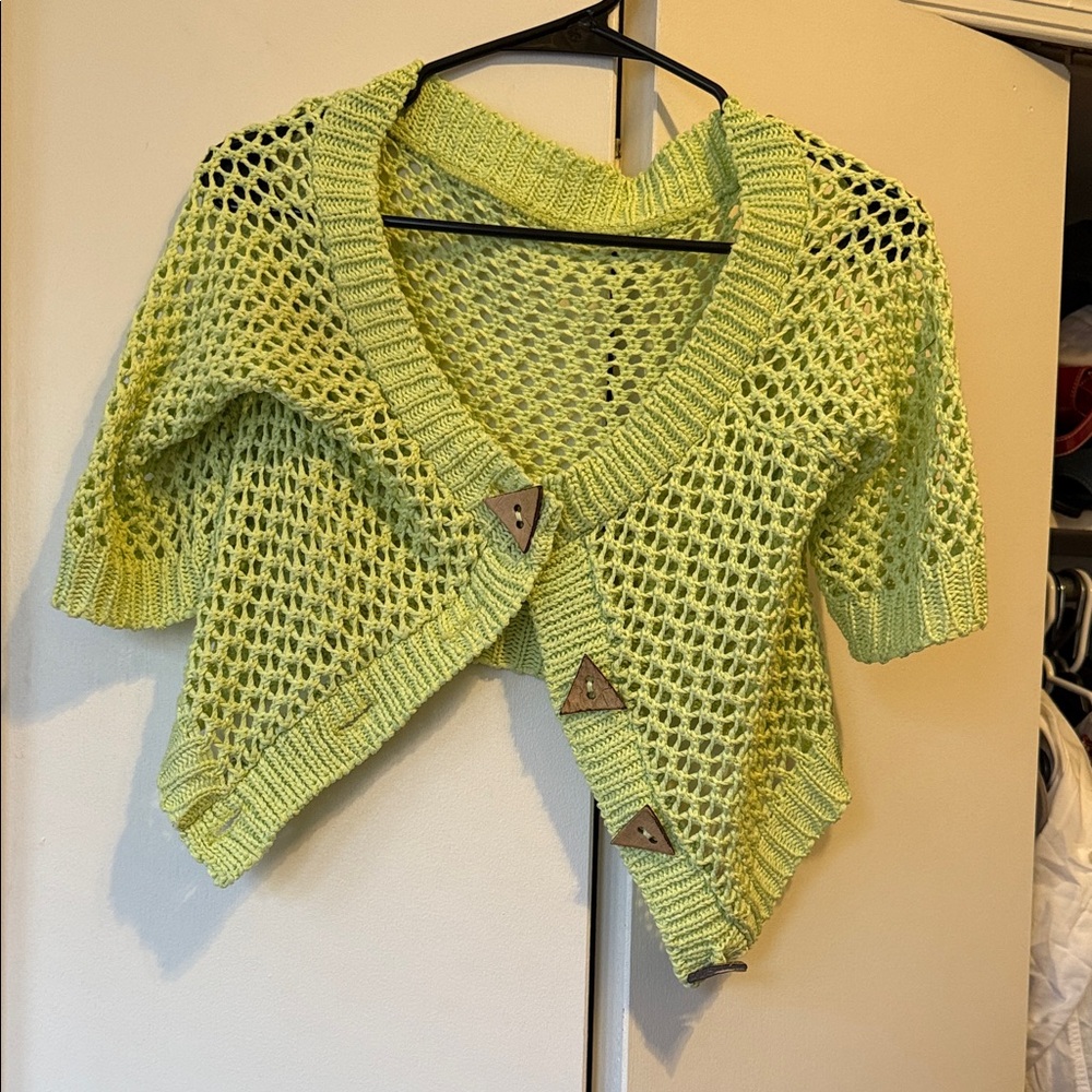 Y2K Fairycore Lime Green Crochet Off-Shoulder Sweater With Shell Buttons
